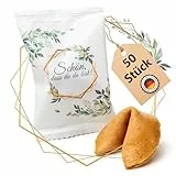 Lucky Treats - Schön, dass du da bist Glückskekse Weiß - 50 Stück - Frisch & Regional - Mit liebevollen Botschaften auf Deutsch und Englisch - Gastgeschenke Hochzeit Deko, Taufe & Kommunion