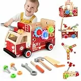 Nauotk Werkzeugkoffer Kinder Werkbank, 2 in 1 Feuerwehrfahrzeug aus Holz und Werkzeug Kinder, Montessori Holzspielzeug Spielzeug ab 2 3 4 5 Jahre, Kinderwerkzeug Werkzeugwagen, Geschenk Junge Mädchen