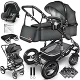 KIDUKU® 3 in 1 Kinderwagen Komplettset | Kombikinderwagen Set inkl. Babywanne & Buggy Sportsitz & Auto-Babyschale Fußsack | Vollgummireifen Wickeltasche Handwärmer Regenschutz Kindertisch ECE R129