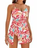 GRACE KARIN Einteiliger Damen-Badeanzug Bauchkontrolle hoch tailliertes Badekleid Weiß und Rot Blumenmuster M