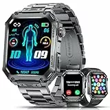 ESFOE Militär Smartwatch Herren-1.96'' Großes Smart Watch mit Metallarmband,Smartwatch für Herren mit 3 Armbändern 400mAh 100+ Sportmodi,5ATM Wasserdicht Fitnessuhr mit Telefonfunktion für Android iOS