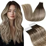LaaVoo Echthaar Tape Extensions Ombre Braun Extensions Echthaar Tape Balayage Braun zu Hellbraun und Hellblond Haarverlängerung Echthaar Tape Remy 35cm #3/8/24 20pcs