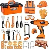 Magic4U 49PCS Werkzeugkoffer Kinder,Werkzeugkasten,Bauwerkzeug Spielzeug,Kinder Werkzeug Spielzeug Set,Werkzeugkoffer Weste Hammer Bauhelm Spielzeug Junge Mädchen ab 3 4 5 6 7 8 Jahre