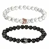 Aroncent 2PCS Armband mit CZ Kronen König und Königin schwarz Matte und weiß Howlite 8mm Beads Perlen Paare Armband