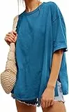 Tankaneo Damen T-Shirt Oversize Kurzarm Rundhals Oberteile Sommer Locker Einfarbig Bluse Lang Casual Basic Shirt Tops mit Seitenschlitzen Seeblau XXL
