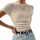 Hanaoops Damen T-Shirt Basic Kurzarm Crop Top Y2K Slim Fit Oberteile Casual Rundhals Tee Shirts