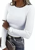 TrendiMax Damen Langarmshirt Rundhals Stretch Pullover Elegant Langarm Oberteile Hemd Tshirts Basic Tops, Weiß, S
