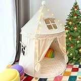 ALRITHO® Spielzelt für Kinder (warmbeige), aus weichem Silky-Cotton-Stoff | 1 Eingang & 3 Fenster (TripleAir-Effect) | inkl. Tasche & Bodenmatte | stabiles Spielhaus | Tipi für Jungen & Mädchen