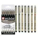 SAKURA Pigma Micron Fineliner-Stifte 6er-Set + Pinselstift | wasserfeste, permanente schwarze Tinte Stifte zum Schreiben, Zeichnen und Tagebuch führen