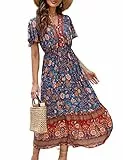 Clearlove Damen Sommerkleid Boho Kurzarm Midi Kleider V-Ausschnitt Strandkleid lang Blumenkleid Rüschen Freizeitkleid mit Knöpfen (Verpackung MEHRWEG), Blumen-Dunkelblau, XL