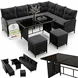 Juskys Polyrattan Lounge Manacor mit Ecksofa, Esstisch, 2 Hocker & Kissen - wetterfest bis 7 Personen - Bezüge waschbar - Rattan Garten Sitzgruppe Gartenlounge Gartenmöbel Set - Schwarz/Grau