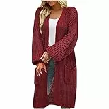EMATOP Damen Warm Strickjacke Lang Einfarbig Strickmantel Langarm Vorne Offen Cardigan Elegant Baumwolle Übergangsjacke mit Taschen Herbstjacke Mode Gestrickt Mantel Herbst Winter Pullover