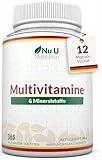 Multivitamin & Mineralstoffe A-Z - 365 Vegetarische Tabletten - 1 Jahresvorrat - 25 Vitamine und Mineralstoffe pro Tablette Hochdosiert - Nu U Nutrition