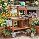 WoodenFun Outdoor Spielküche Gartenspielküche Matschküche Kinder Outdoor Mit Rädern, Wasserkocher, Spüle, Holzpflanzenbehälter, Kinderküche