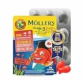 Möller's Omega 3 Kapseln für Kinder | Natürliche Omega 3 Fischtran mit Erdbeergeschmack | Mit DHA und EPA | Leicht zu kauen | Ohne Gluten, Laktose und Zucker | 36 Stück