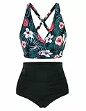Hanna Nikole Damen übergröße High Waist Bikini Sets Elastisch Bikini für Mollige Frauen Rote & Weiße Blumen M