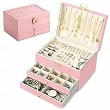 Ninonly Schmuckkästchen Ohrringe mit 3 Ebenen Schmuckkästchen für Damen Mädchen PU-Leder Schmuckaufbewahrung Ohrringe für Ringe Armbänder Halskette Mit Schloss und Schlüssel Rosa