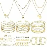 JSTHHTT 54 Stück Schmucksets für Damen, Schmuckset Gold, Schmuck Set Damen, 3 Halsketten, 14 Ringen, 24 Ohrringen und 13 Armbändern, Schmuck Gold,Schmuck Set für Geschenke Geburtstags