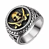 JewelryWe Schmuck Herren-Ring Retro Pirate Seeräuber Ring Siegelring mit Totenkopf Schädel und gekreuzten Schwerter Edelstahl Biker Schädelring für Halloween Gravur, Gold Silber Größ4 62