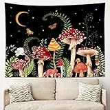 LB Pilz-Wandteppich, bunter Schmetterling, Wandbehang, Mond und Stern, schwarzer Wandteppich für Schlafzimmer, ästhetische grüne Pflanze, Dekoration, 152x101 cm