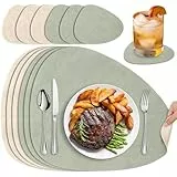 ZUPAPJO 6er Set Tischsets Abwaschbar, 33 x 41cm Platzdeckchen Leder und rutschfest Untersetzer, Doppelseitigen Platzsets Oval (Hellgrün+Beige)