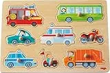 HABA 301940 - Greifpuzzle Fahrzeug-Welt, Holzspielzeug ab 12 Monaten, 8-teiliges Puzzle aus Holz mit bunten Fahrzeugmotiven, Mit großen Knöpfen zum Greifen