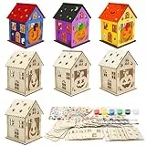 MONCAP 7 Stück Halloween Kürbis Haus Bastelset Kinder Halloween Haus Basteln Holz Kürbishaus Kreativsets Halloween Deko Bastelset mit 2 Pinsel für Halloween Party Geschenk Jungen Mädchen