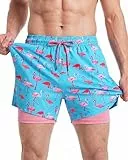 Herren Badehose mit Kompression Badeshorts 2 in 1|14cm Innenlänge Schnelltrocknend lässige Swim Shorts Kurz Boardshorts mit Innenhose Reißverschlusstasche XS-XXL,Hellblau Rosa Flamingo 5.5,XXL
