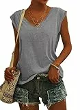GeGekoko Damen T-Shirt Kurzarm V-Ausschnitt Flügelärmeln Oberteile Blusen Sommer Casual Lose Tank Top Basic Mädchen Tops Grau L