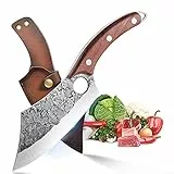 DRAGON RIOT Ausbeinmesser Hackmesser Küchenmesser mit Lederhülle Handgeschmiedete Kochmesser Damast Profi Wikinger Messer Japanisches Metzgermesser Outdoor-Messer für Küche Grillmesser