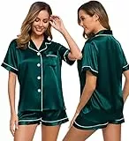 SWOMOG Satin Pyjama Damen Kurz Schlafanzug mit Knopfleiste Kurzgarm Nachtwäsche PJs Set Zweiteiliger Seide Hausanzug