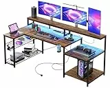 Bestier Gaming Tisch, 181x80 cm Schreibtisch mit LED-Leuchten, L-förmiger Schreibtische mit 3 AC-Steckdosen und 2 USB Ladeanschluss, Computertisch mit großzügiger Monitorablage, Kohlefaser