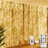 HXWEIYE Lichtervorhang 2.99 * 2.99m, lichterketten Vorhang Innen,lichterkette hängend USB Lichtervorhang Warmweiß mit Fernbedienung für Ramadan Hochzeit Party Home Wand Schlafzimmer Deko