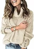 Wenrine Damen Rollkragen Pullover Winter Langarm Lose Strickpullover Casual Warm Gestrickt mit Metallknöpfen, Beige, S
