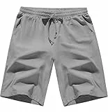 CMTOP Kurze Hosen Herren Sommer Leinenhose Kurz Leichte Luftige Herren-Shorts Einfarbige Baumwolle Locker Kurze Freizeithose Elastische Taille Sommershorts mit Taschen und Tunnelzug(Grau, XL)