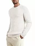 Elegancity Herren Rundrals Pullover Weiß Grobstrick Pulli Warm Waffel Strickpullover Regular Fit Freizeit Sweatshirts 3XL