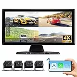 Hodozzy 4K Rückfahrkamera Set mit 4 AHD Rückfahrkamera Kabel, Wireless CarPlay Android Auto, 10,36 Zoll Touchscreen 4 Geteilter Monitor, Bluetooth, Airplay FM Loop Aufnahme USB/TF, CarPlay Bildschirm