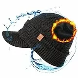 TOP-EX Wintermütze Herren Damen Strick Schirmmütze 50% Merinowolle wasserdicht Winddicht warm gefütterte Beanie mit Schirm gestrickte Wollmütze für Outdoor kalte Tage Schwarz XL/XXL