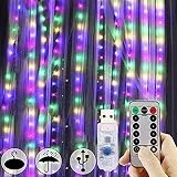 300 LED Vorhanglichter, USB-Einsteck-Fensterlichter, 3 x 3 m, 8 Modi, Fernbedienung, Lichterkette aus Kupfer, wasserdicht, für drinnen und draußen, Garten, Schlafzimmer Dekoration mehrfarbig