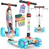 KIDIZ® Roller Kinder Scooter X-Pro2 Dreiradscooter mit PU LED Leuchtenden Räder Kinderroller faltbar Tret-Roller höhenverstellbarer Cityroller Kinderscooter für Jungen Mädchen 3-12 Jahre, Graffiti