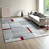 Mia´s Teppiche Modena - Moderner Kurzflor Teppich, Wohnzimmer & Schlafzimmer, weich & pflegeleicht, geometrische Muster, Kariert, Grau Rot, 120 x 160 cm