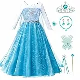 Kitimi Kostüm Eiskönigin Mädchen - Elsa Kostüm Kleid Prinzessin Kinder langer Rock aus Tüll mit Zauberstab Prinzessin Krone für Karneval Geburtstag Halloween Weihnachten