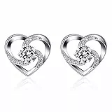 B.Catcher Damen Ohrringe 'Liebe ist Glück', 925 Sterlingsilber Ohrstecker mit Zirkonia, Elegantes Herz-Design, für Geburtstag/Valentinstag/Muttertag