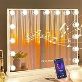 FENCHILIN Hollywood Spiegel mit Beleuchtung Lautsprecher USB Schminkspiegel mit 15 Dimmbaren LED Lampen, Touch Control Schminkspiegel Spiegel mit Beleuchtung 3 Lichtlfarben Memory Funktion