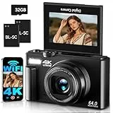 4K Digitalkamera mit WLAN 64MP Kamera Fotokamera 3' 180° Klappbildschirm Fotoapparat Digitalkamera für Kinder Anfänger, 18X Digitalzoom, Autofokus, mit 32GB Karte, 2 Batterien