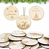 30 Stück Holzanhänger Weihnachten, Frohe Weihnachten Holzanhänger, Rund Weihnachtsanhänger Holz mit 5m Hanfseil, Holzanhänger Christbaumschmuck für Weihnachtsbaum und Weihnachtsbasteldekoration