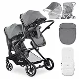 hauck Zwillingskinderwagen Atlantic Twin ab Geburt | 2 Babywannen zu drehbaren Sportsitzen mit Liegeposition | Geschwisterwagen mit Insektennetz & Sonnensegel UV50+ – Melange Grey