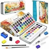 DazSpirit 72 Aquarellfarben Set, Wasserfarben-Kit in Metallbox, Inklusive 50 Metallic- und 22 Fluoreszenzfarben, aquarell set Inkl. Zubehör für Malerei & Kunst, Ideal für Künstler und Hobbymaler