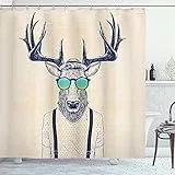 ABAKUHAUS Geweih Duschvorhang, Hipster Cooles Spaß-Tier, mit 12 Ringe Set Stielvoll Modern, 175x200 cm, Beige Dunkelblau