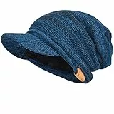 VECRY Herren Dame Dick Vlies Gefütterte Strickmützen Stricken Slouch Mütze Mit Visier (Blau/Schwarz)